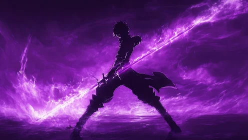 Silhouetted anime warrior channels violet plasma spear energy