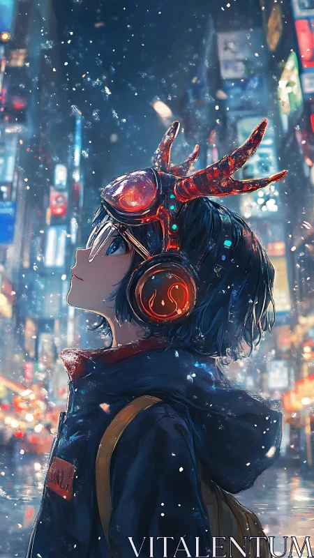 Starlit city wanderer pauses to dream beneath falling snow