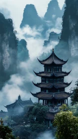 Tiered pagoda in misty karst mountain valley, blue hour atmosphere