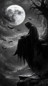 Monochrome gothic reaper on cliff under full moon sky.