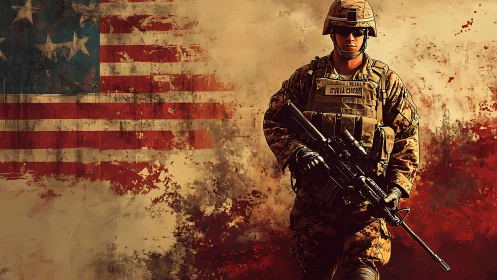 Combat-ready U.S. soldier before distressed American flag backdrop.