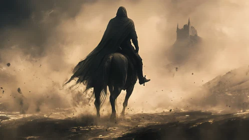 Cloaked rider advances through stormlit dust toward citadel.