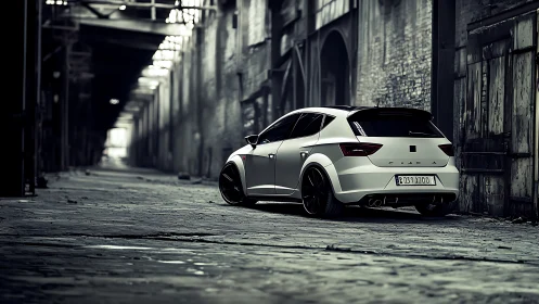 Matte white hatchback parked in abandoned industrial alley.