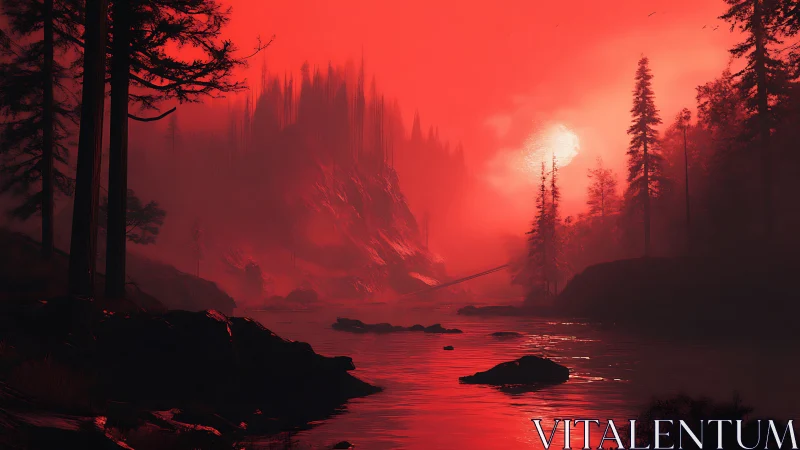 Red-saturated forest river landscape under glowing sun