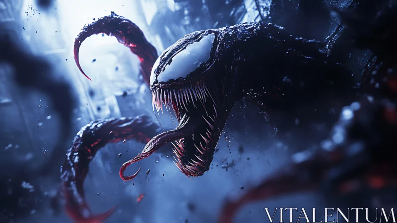 Symbiotic alien predator lunges through neon-drenched city fog.