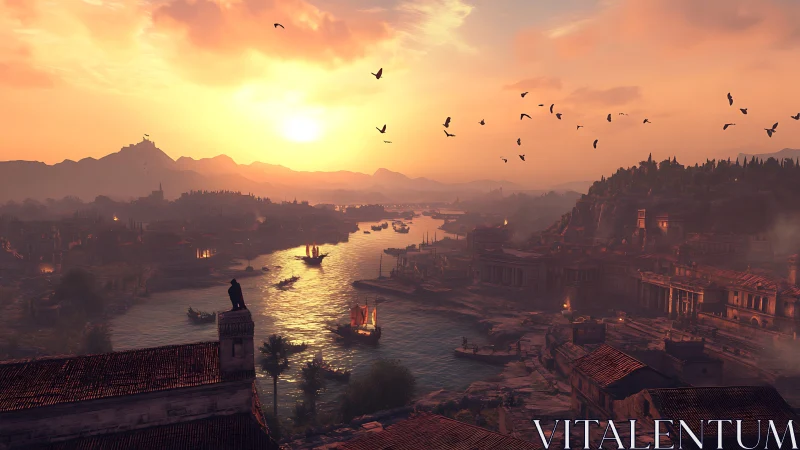 Sunlit ancient river city glows under expansive orange sky