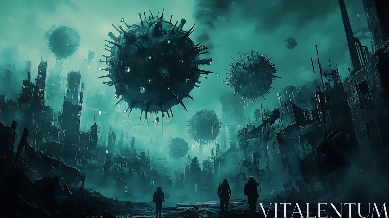 Spherical drones patrol cyan-lit post-apocalyptic ruins with volumetric haze