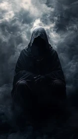 Shrouded wraith seated in swirling monochrome mistscape.