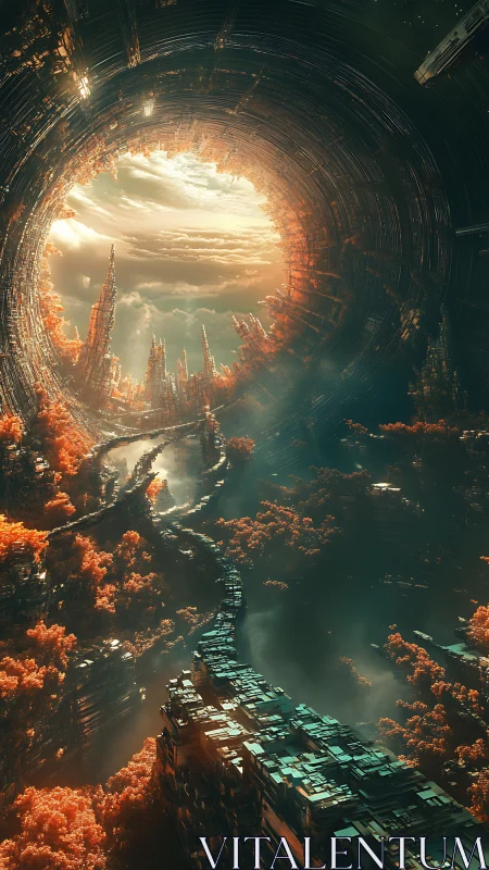 Sunlit sky portal over a winding futuristic canyon world.