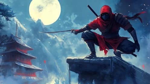 Red-clad ninja crouches on rooftop ledge under full moon