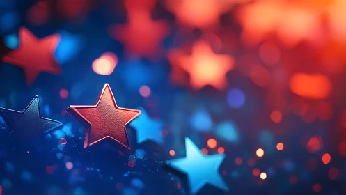 Photorealistic bokeh of metallic red and blue stars in blur field.