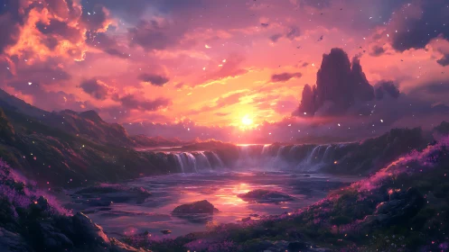 Sunset over fantasy waterfalls and distant rocky spire.