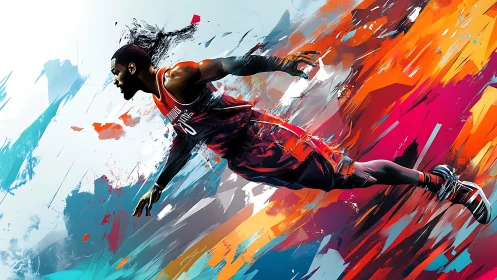 Dynamic basketball player dives through explosive color streaks