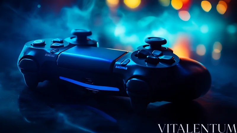 Dual Gaming Controllers Under Luminescent Ambient Bokeh Composition.