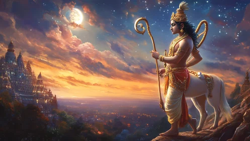 Centaur-like deity overlooking illuminated hillside temple.