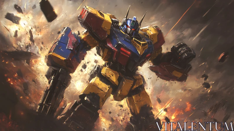 Mighty heroic mech strides forward through blazing battle storm