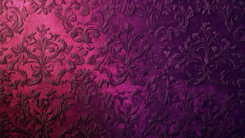 Deep magenta damask wallpaper with embossed floral pattern.