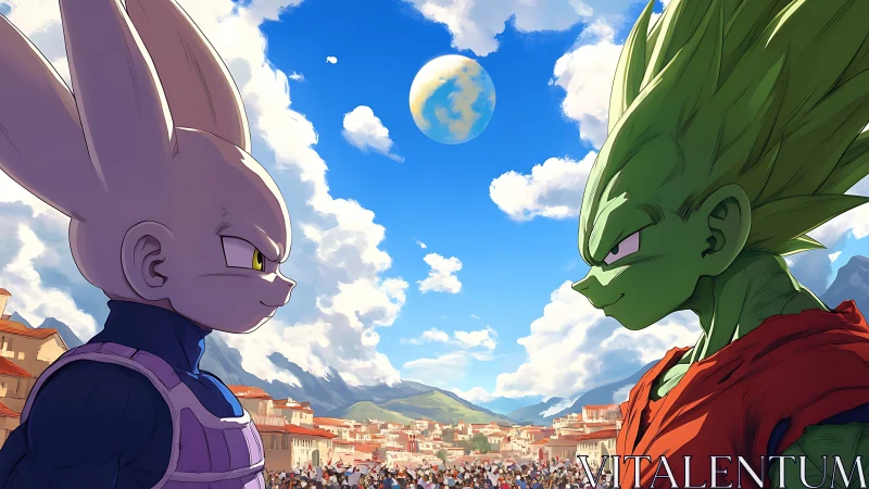 Two anime fighters face off above a town under bright sky