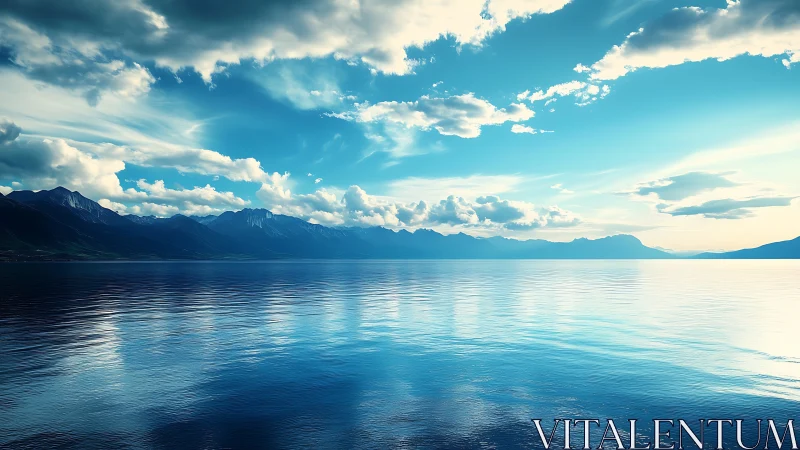Calm mountain lake mirrors expansive blue sky and clouds