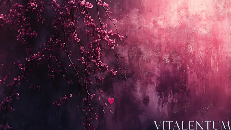 Vertical cherry branches and lone heart icon on textured magenta wall