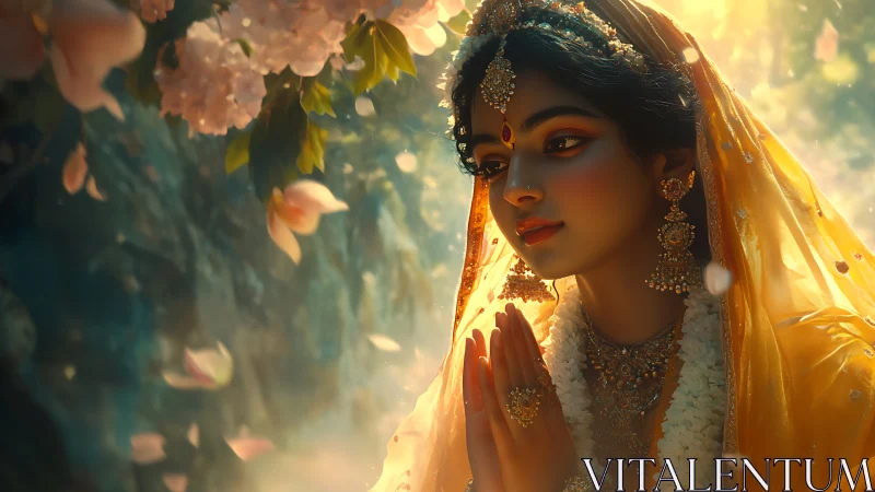 Devotional woman in golden sari under soft floral light