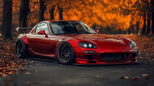 Crimson tuned sports coupe parked amid fiery autumn woods.