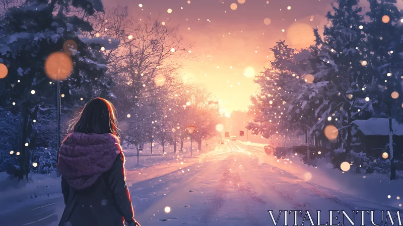 Snowlit girl wandering into a sunrise of drifting sparks.