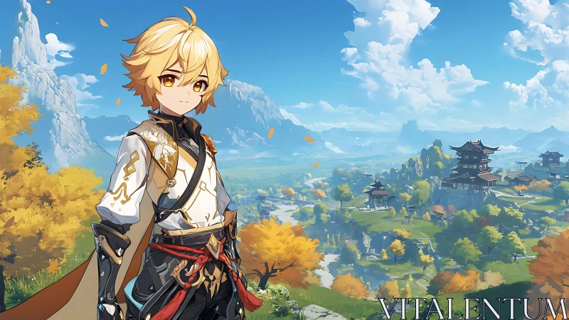 Golden wanderer above autumn valleys and distant pagodas.