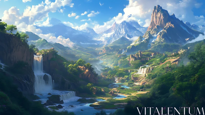 Panoramic alpine valley with tiered waterfalls and spires