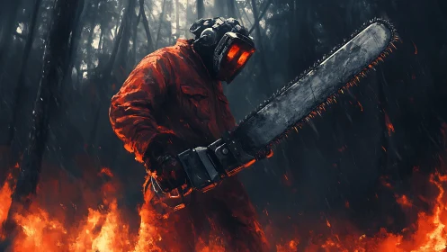 Armored chainsaw operative advances through infernal forest