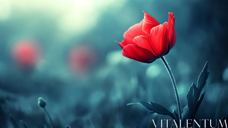 Crimson poppy leans into a dream of muted teal twilight