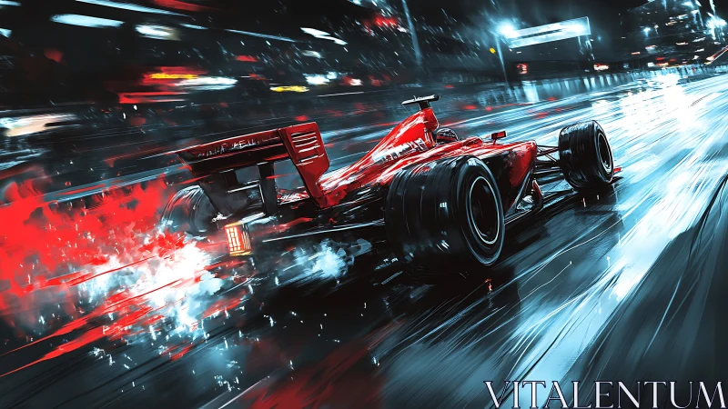 Red single-seater race car on wet urban night circuit.