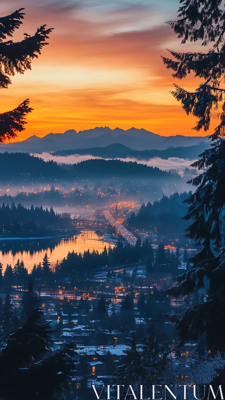 Urban valley at dusk with mist, lake, roads and mountains.