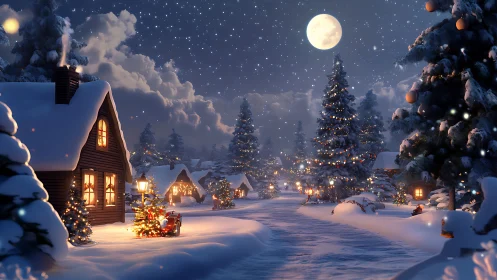 Moonlit Christmas lane wrapped in storybook snow and sparkle.