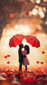 Two Hearts Find Love Under Red Umbrellas in the Rain