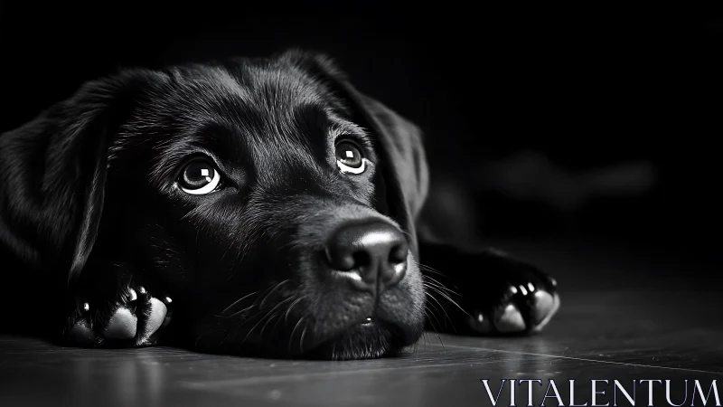Soft-eyed black lab puppy rests quietly in gentle light