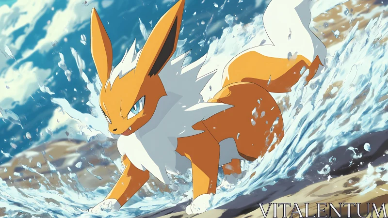 Dynamic anime creature sprinting through crashing shoreline surf