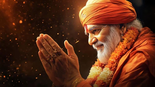 Elderly guru in prayerful pose under warm bokeh lighting.