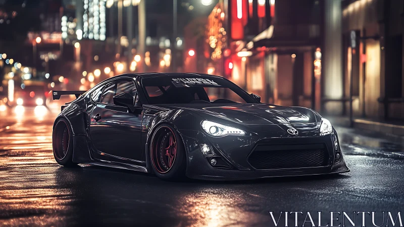 Sleek tuned sports car prowls through neon city streets at night.