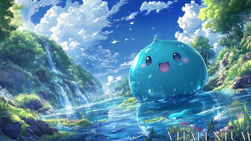 Giant blue slime creature in bright riverside landscape.