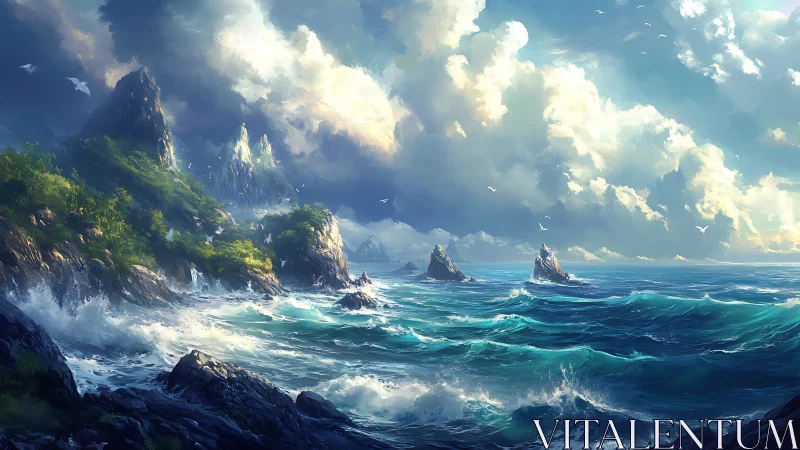 Storm-lit fantasy coastline glows beneath towering clouds