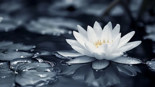 Monochrome-toned white water lily macro on reflective pond