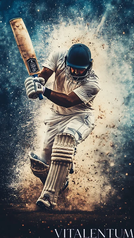 Dynamic cricket batsman in explosive dust and motion blur impact
