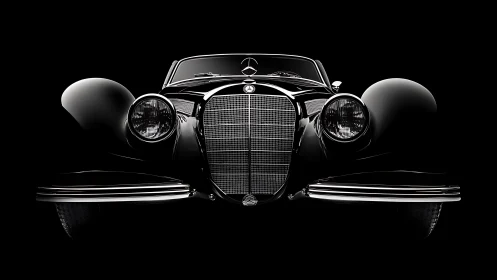 Midnight portrait of a classic luxury roadster’s proud face.