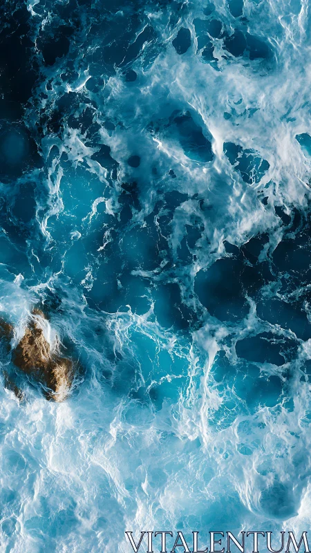 Overhead view of turbulent seawater and exposed rock formation.