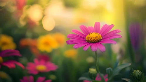 Magenta Daisy Blooming Brightly in Golden Light.