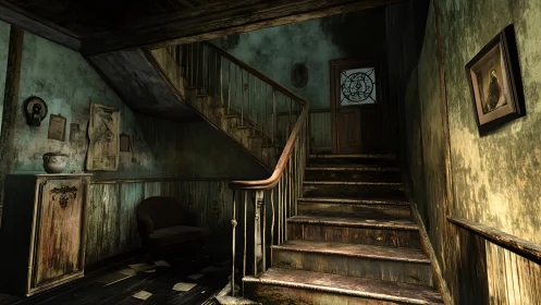 Decaying wooden staircase under moody, directional light. Period.