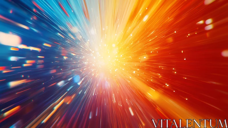 Explosive burst of light with blue and orange rays, digital abstract art.