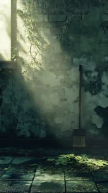 Soft sunlight falls on broom and leaves in a quiet courtyard