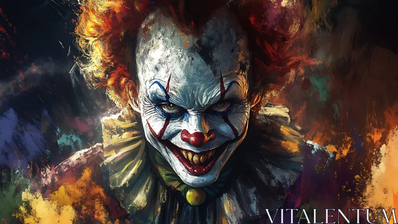 Sinister clown portrait with intense, chaotic colors.